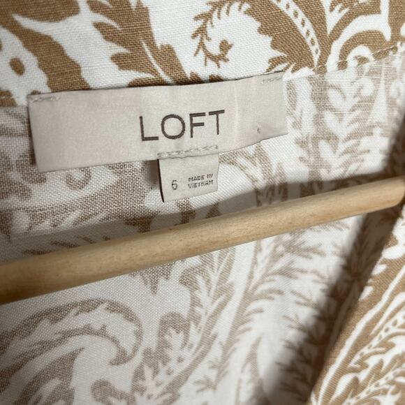 Loft Women Short Sleeve Linen Blend Button Front Dress 6 Tan Cream Floral V Neck - Picture 7 of 11